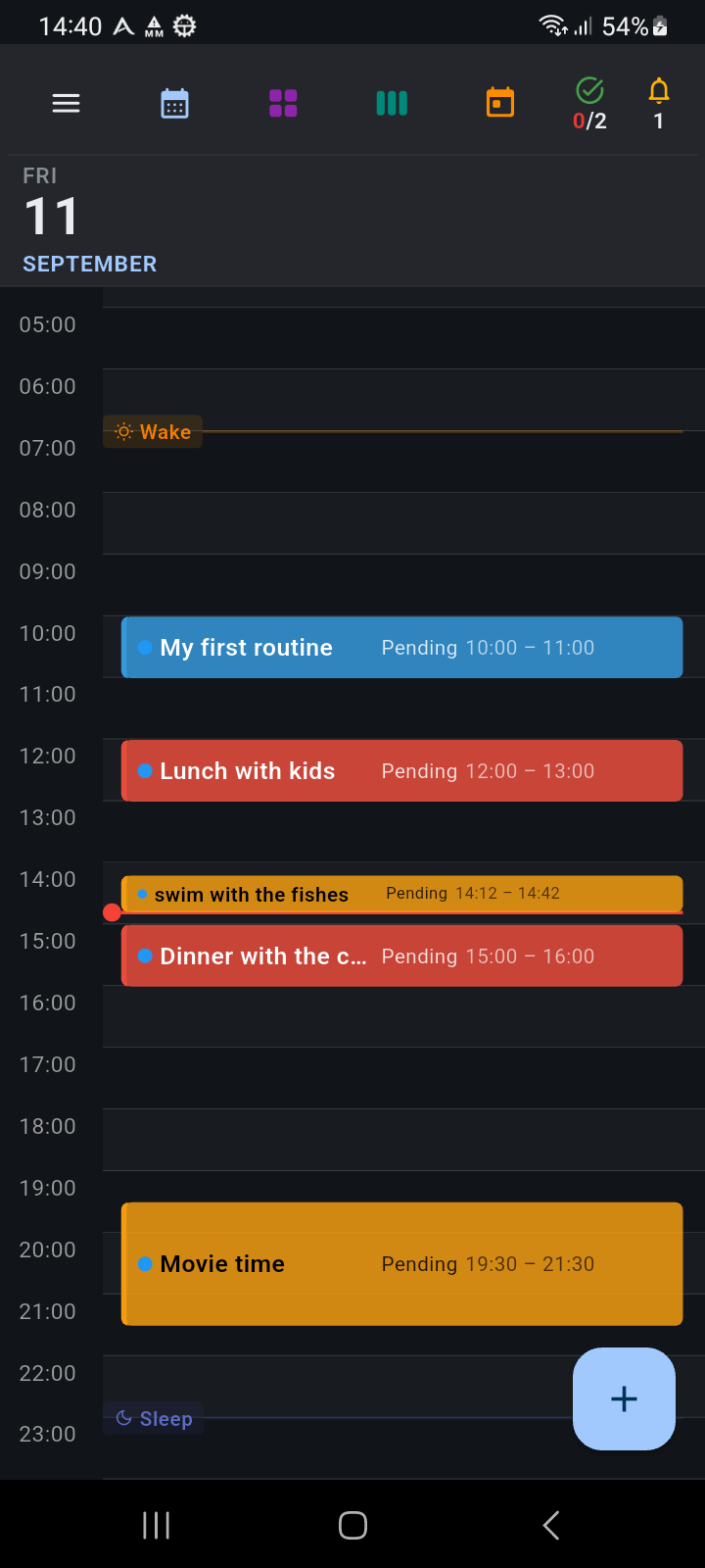 Cronograma diario de Ancora Planner con actividades, tareas y recordatorios programados