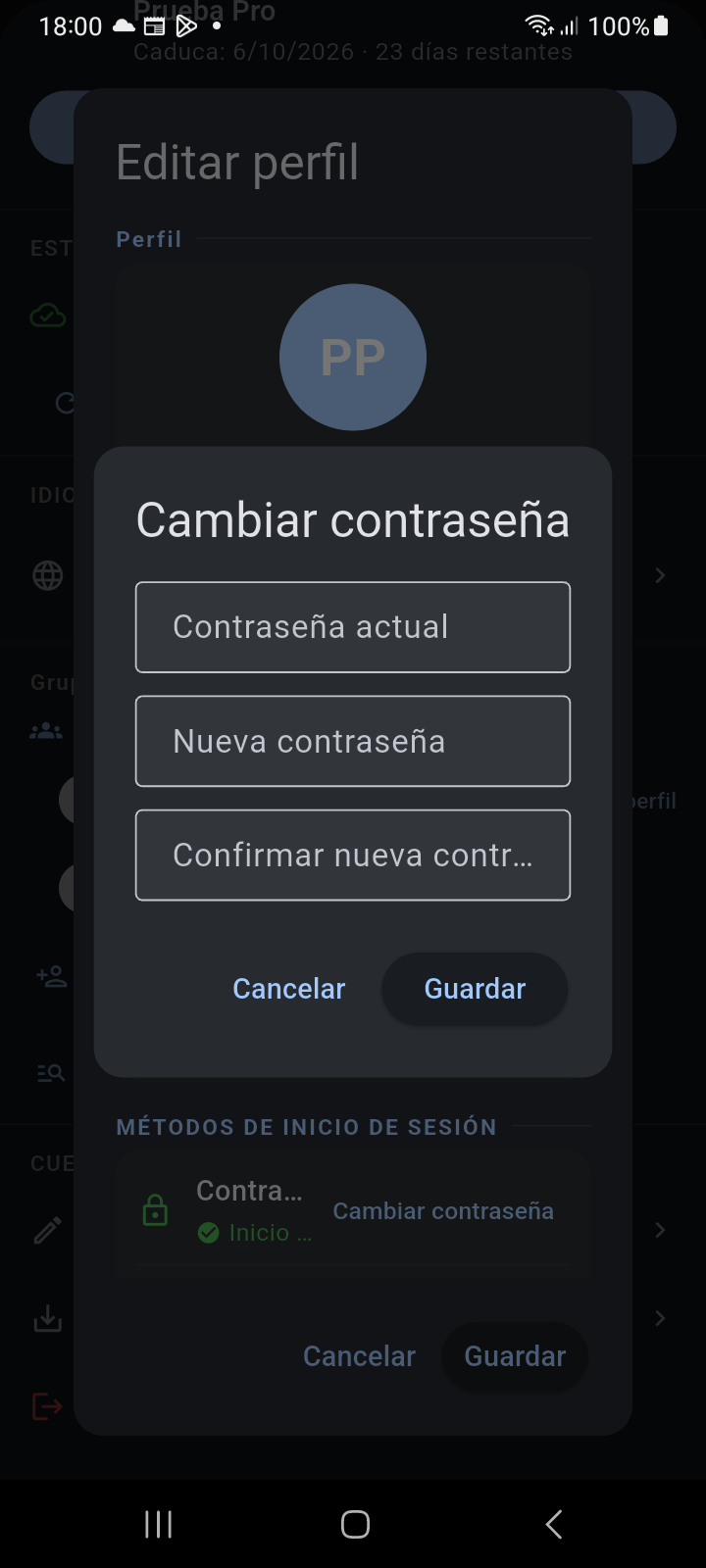 Ventana modal Cambiar contraseña solicitando Contraseña actual, Nueva contraseña y Confirmar nueva contraseña