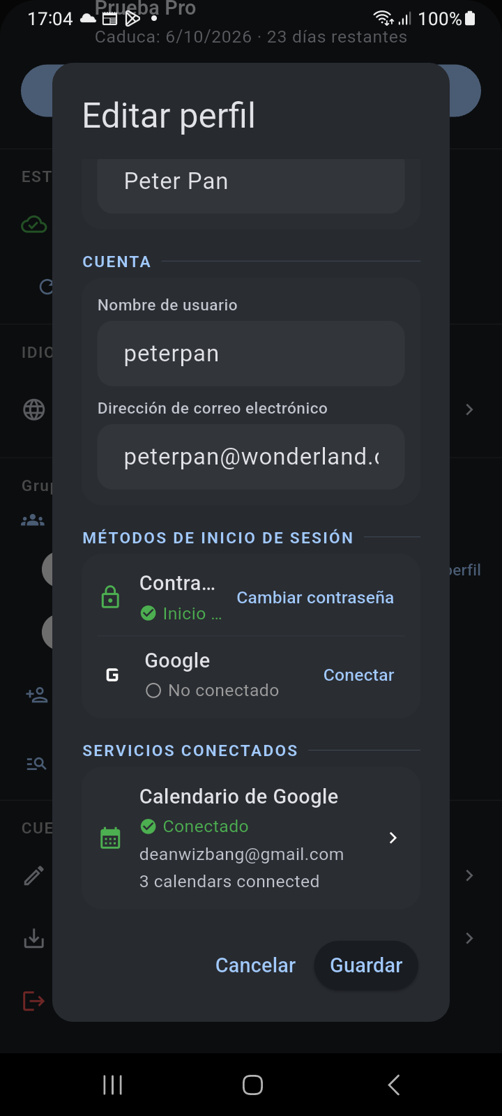 Cuadro de diálogo Editar perfil desplazado mostrando el estado de conexión de identidad de Google y la casilla Servicios conectados