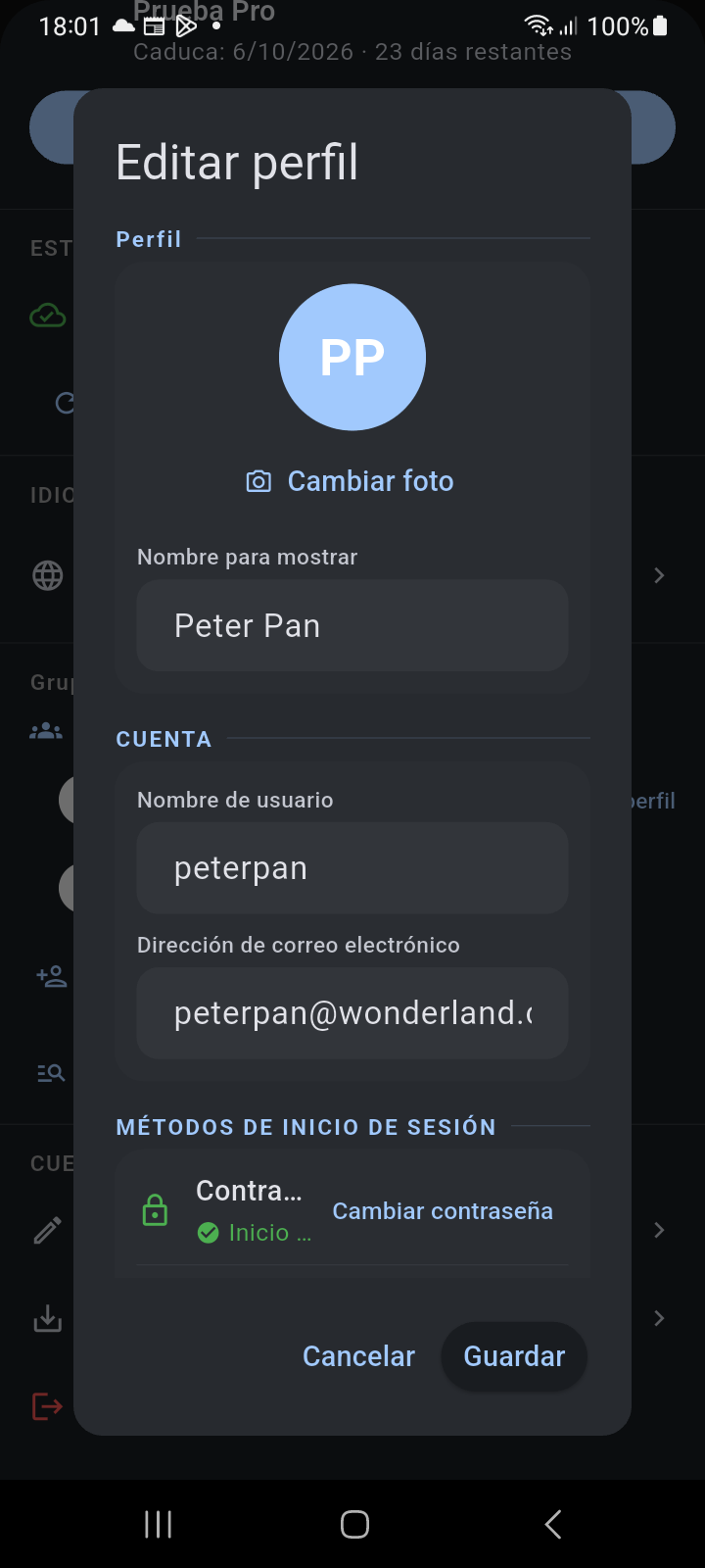 Cuadro de diálogo Editar perfil que muestra el avatar del usuario, la acción Cambiar foto, el Nombre para mostrar, el Nombre de usuario, la Dirección de correo electrónico y los Métodos de inicio de sesión