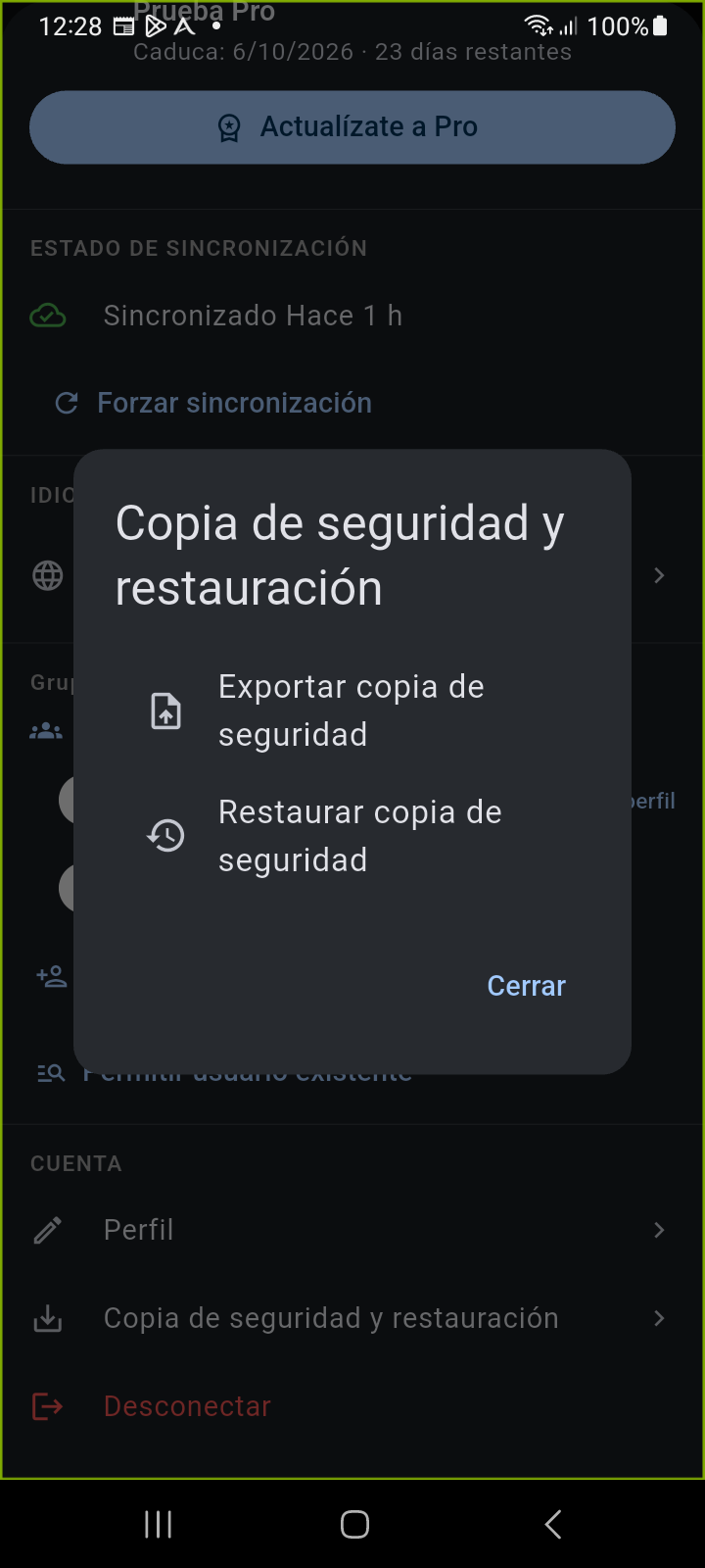 Cuadro de diálogo de Copia de seguridad y Restauración con opciones de exportar y restaurar
