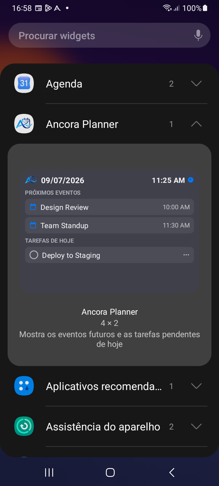 Selector de widgets — Localización e incorporación del widget Ancora Planner 4x2