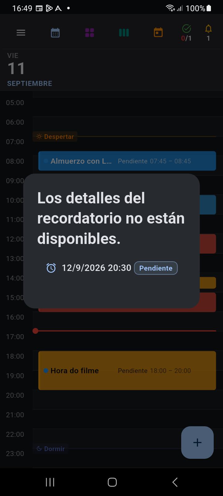 Cuadro de diálogo de acción de recordatorio abierto directamente desde el widget