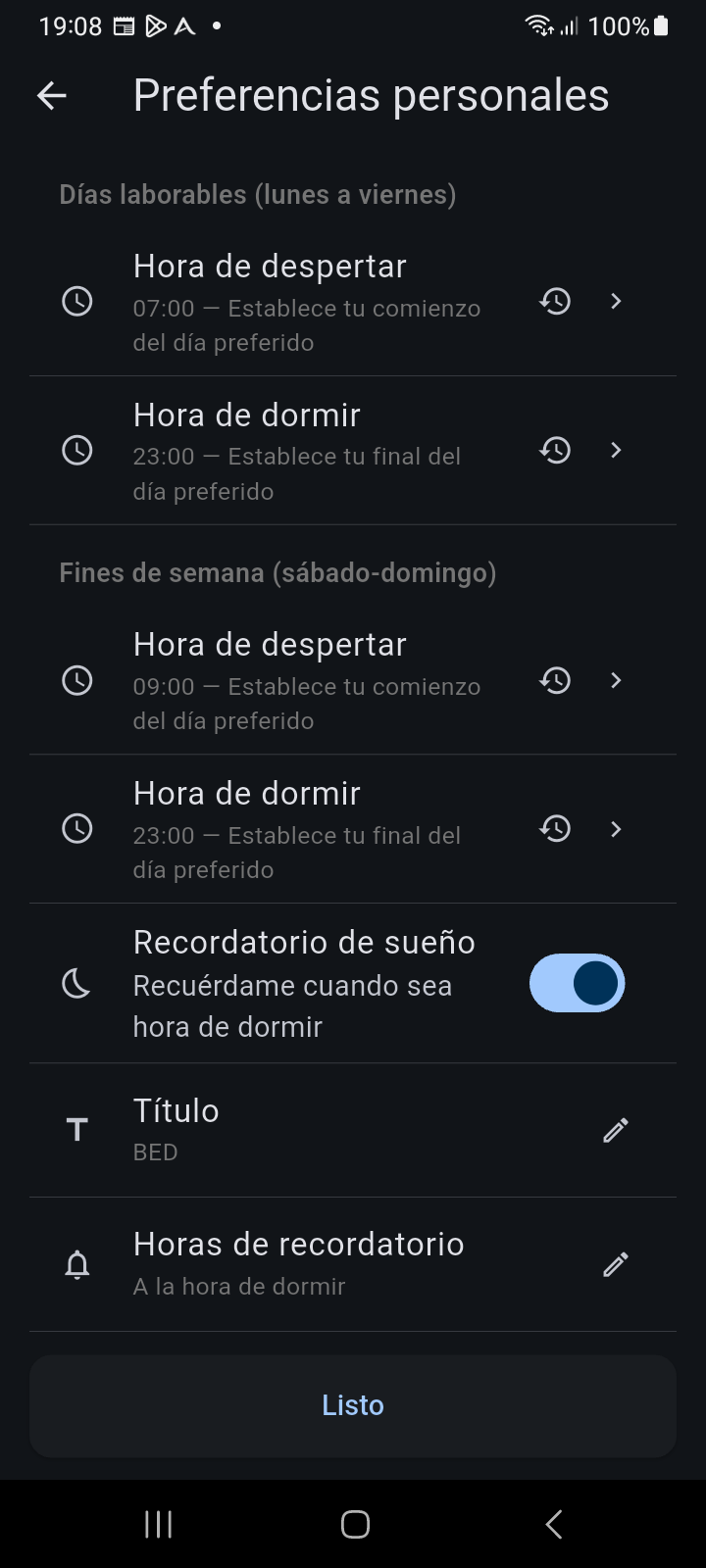 Preferencias Personales — Horarios circadianos de vigilia, sueño y recordatorios
