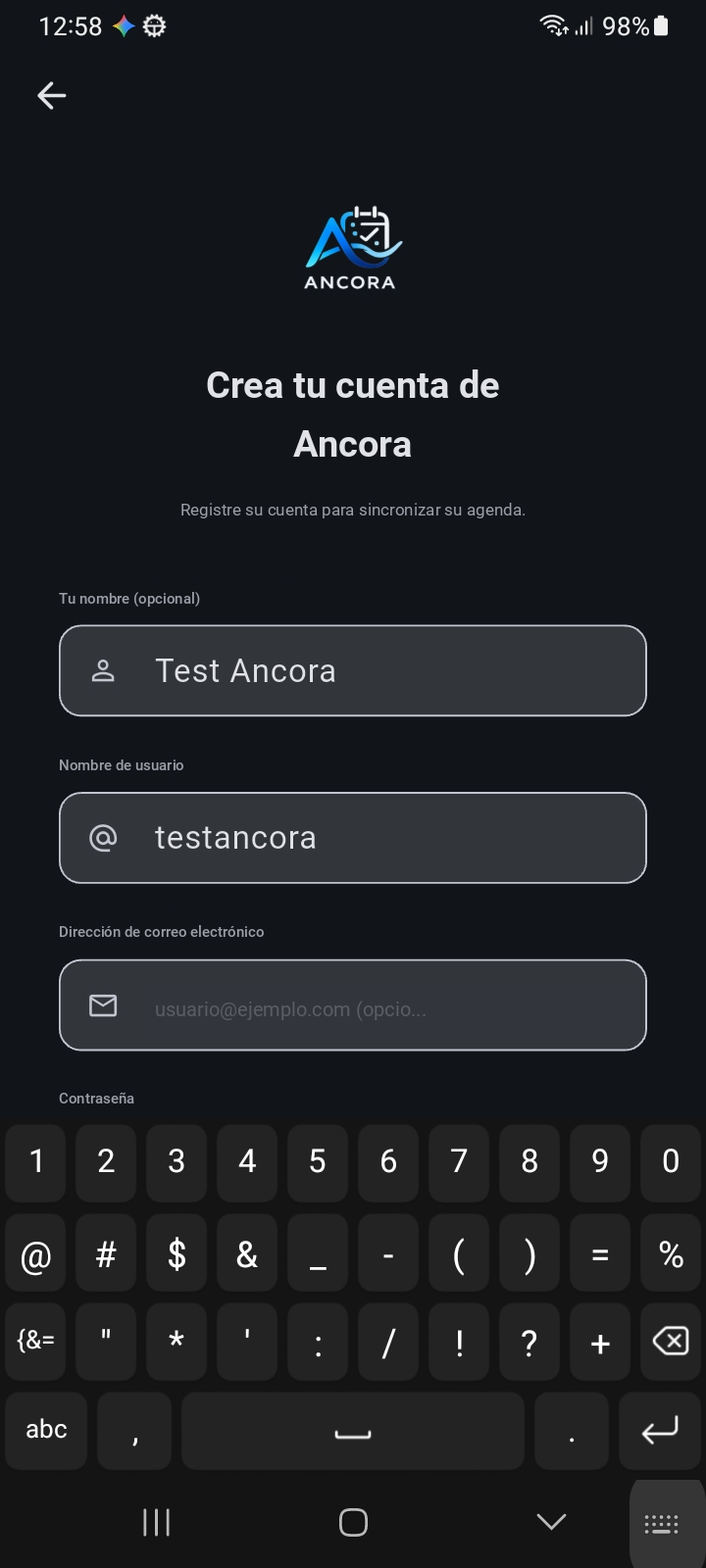 Pantalla de Registro — Creación de una Cuenta Ancora