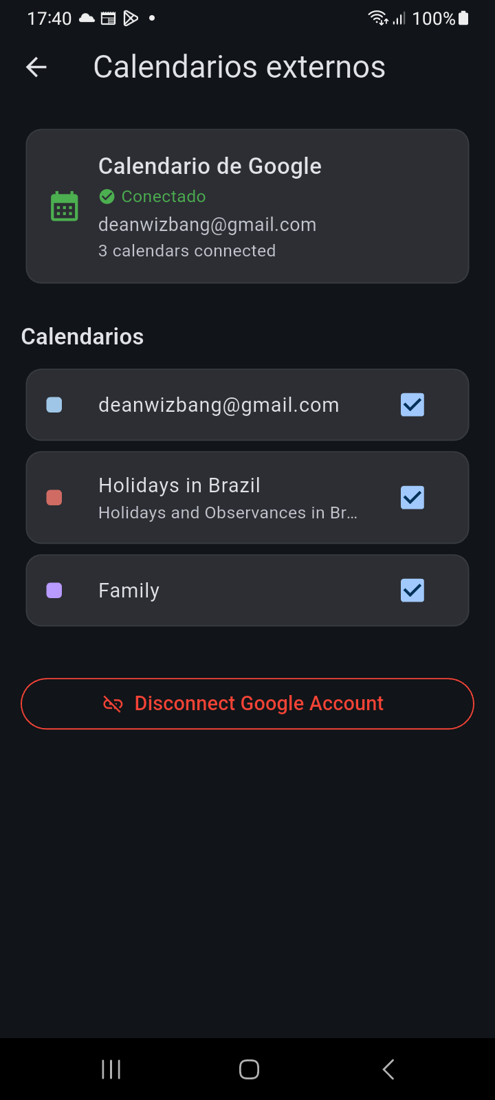 Gestor de Calendarios Externos con estado de conexión de Google, lista de calendarios detectados y acción Desconectar