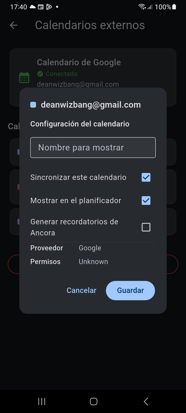 Diálogo Ajustes del Calendario mostrando opciones de sincronización, visibilidad en el planificador y generación de recordatorios