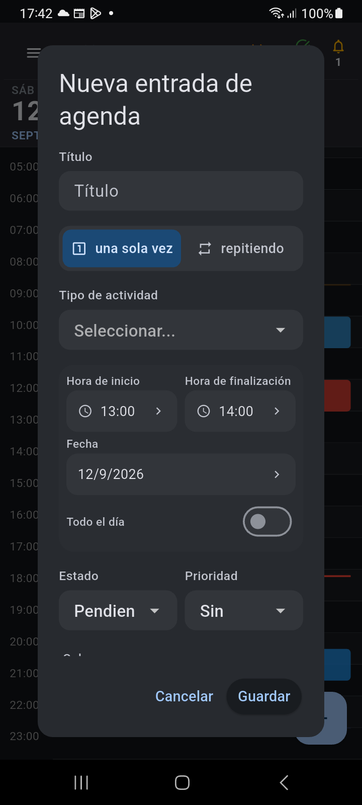 Modal Editar Google Calendar mostrando campos sincronizados con Google y ajustes específicos de categoría/recordatorios de Ancora