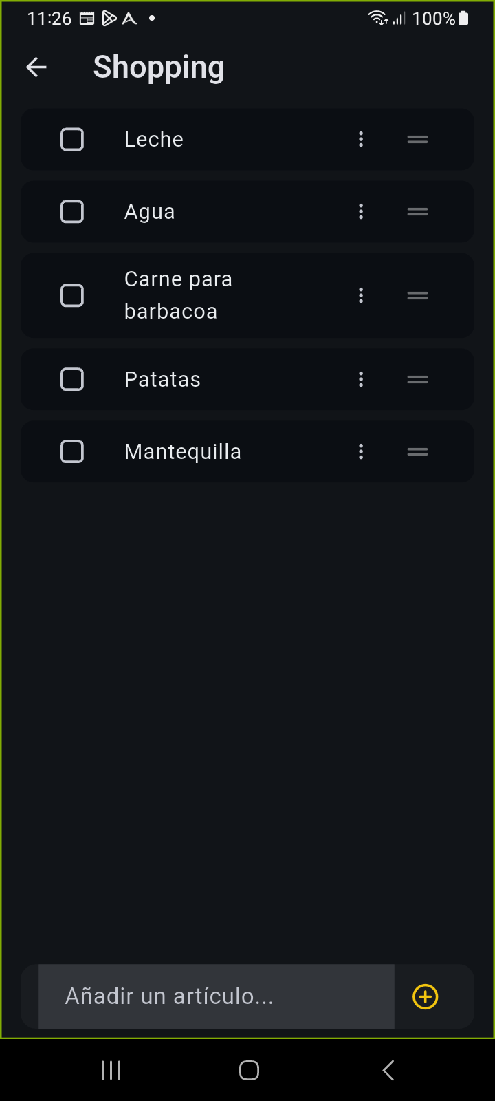 Pantalla de Elementos de Lista en Ancora con controladores de arrastre y barra inferior de entrada