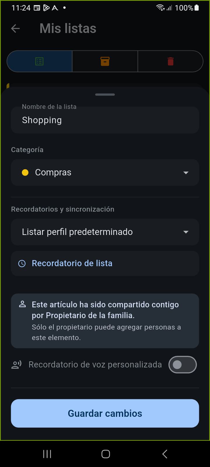 Pantalla Configurar Lista de Ancora mostrando aviso informativo sobre uso compartido para colaboradores invitados