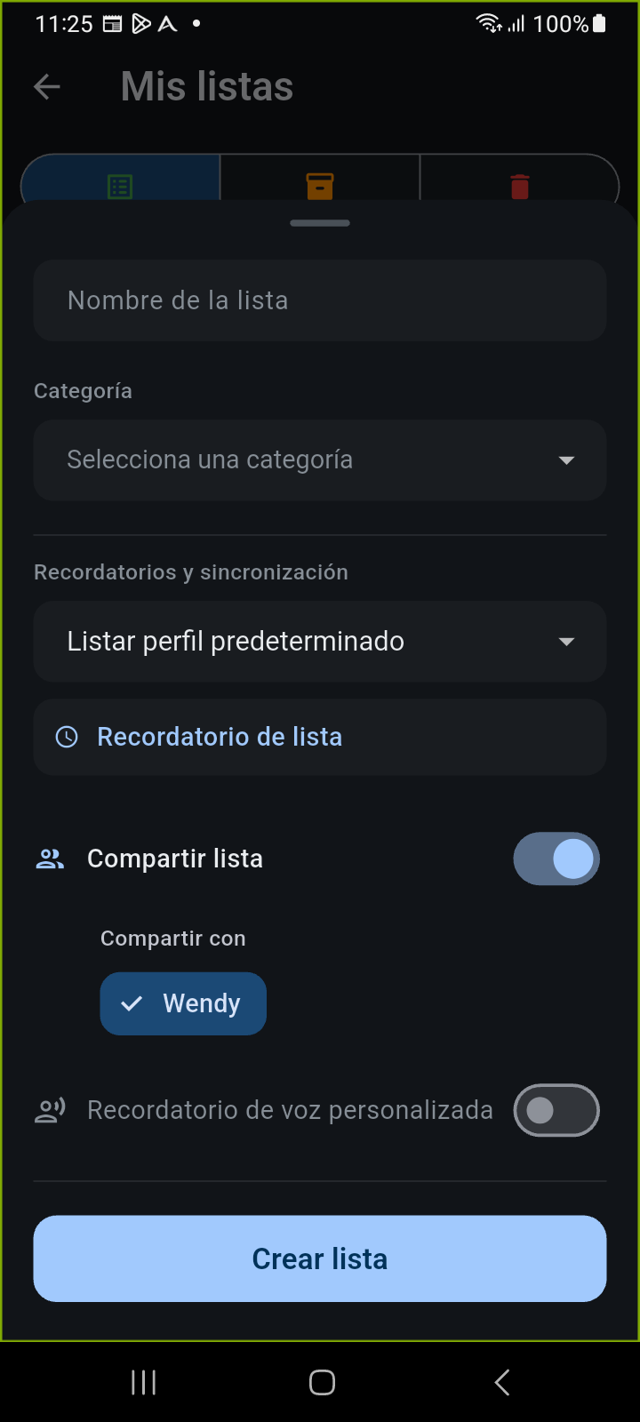 Panel de Creación y Configuración de Listas de Ancora con interruptor Compartir lista activado y etiqueta de miembro seleccionada
