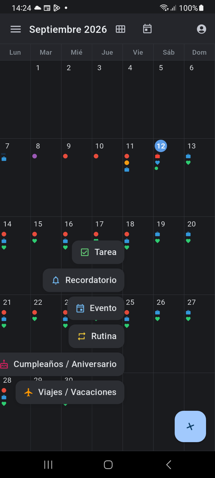 El Botón de Acción Flotante de Creación Rápida expandido en 6 opciones de creación sobre la Vista Mensual