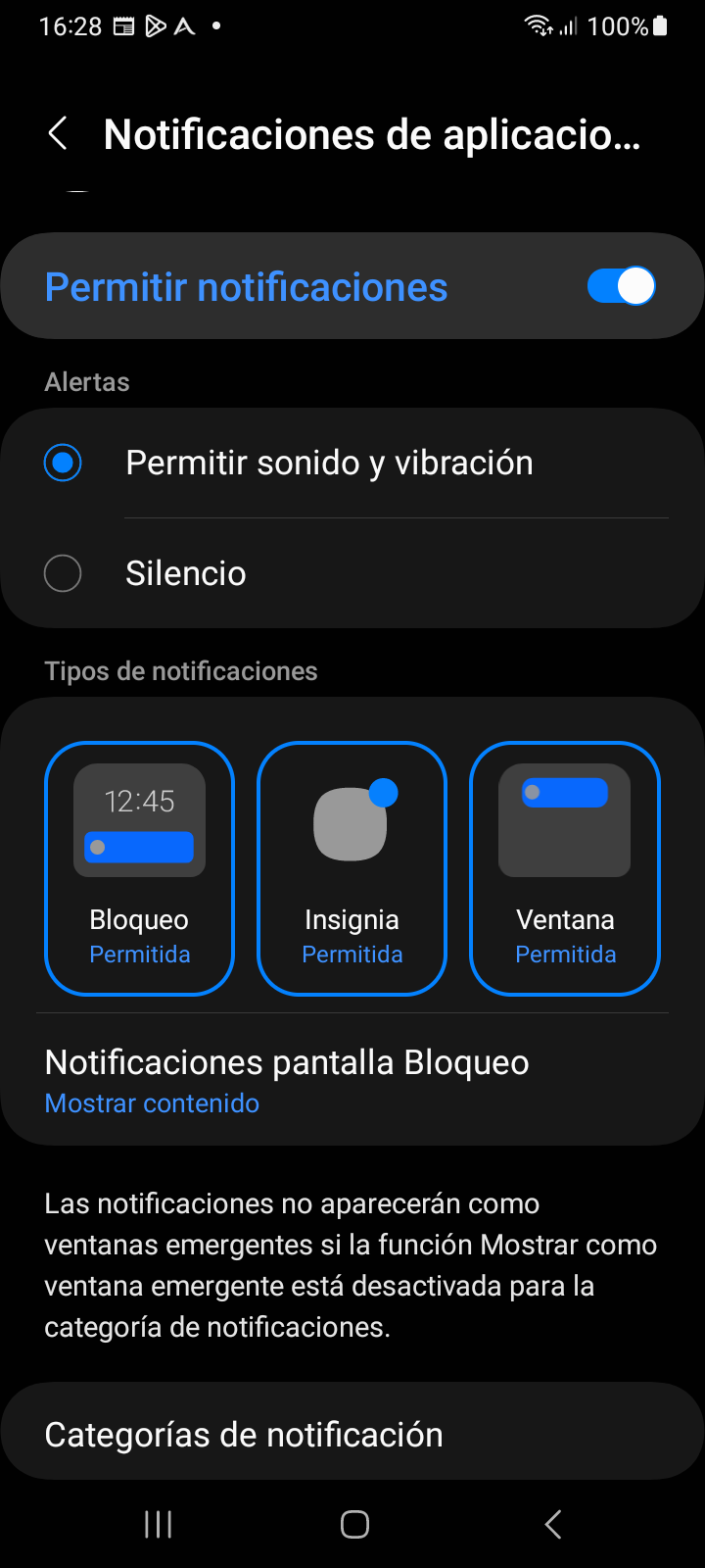 Pantalla de notificaciones de la app Ancora en Ajustes de Android mostrando interruptor principal, estilos de alerta y tipos de notificación