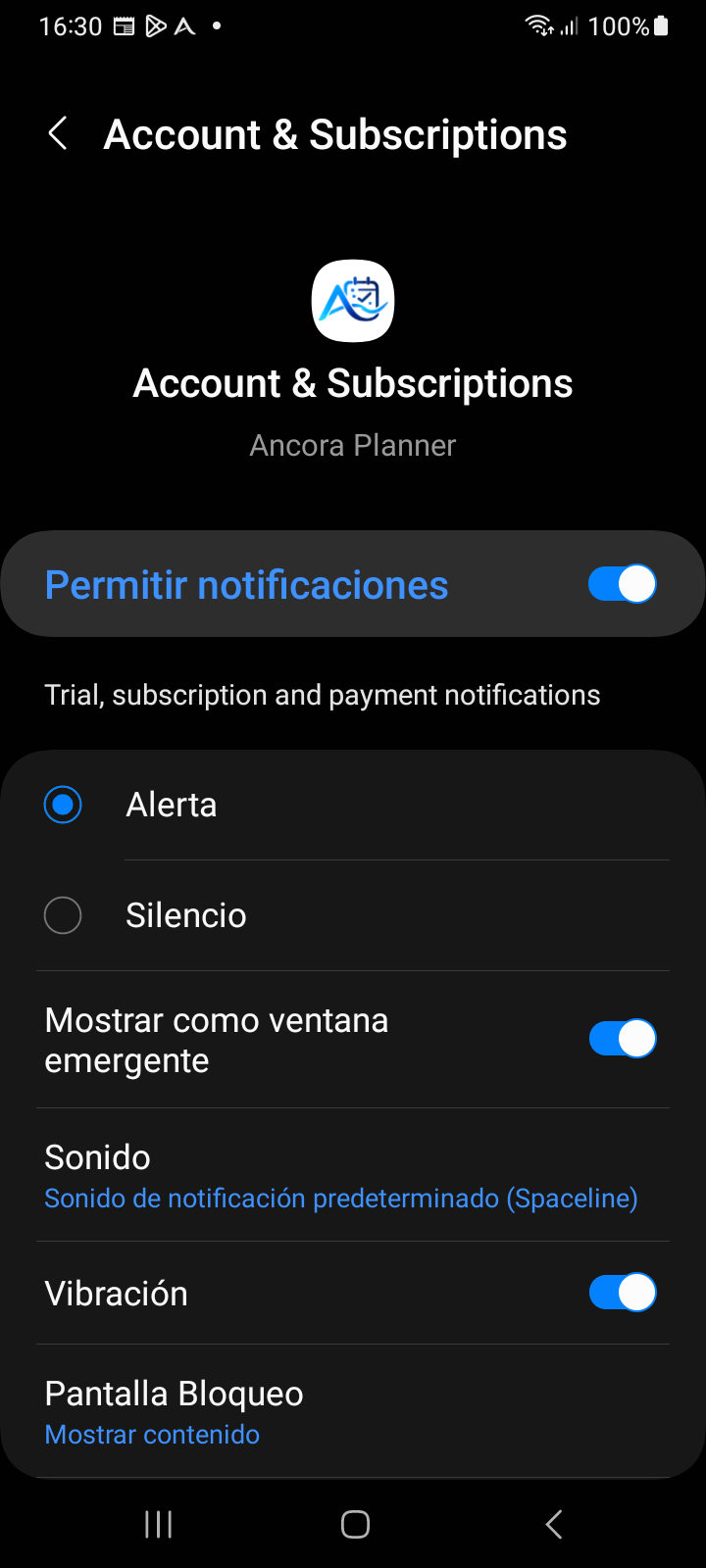 Ajustes detallados de canal de notificación de Android que muestran modo de alerta, banner emergente, sonido personalizado e interruptores de vibración