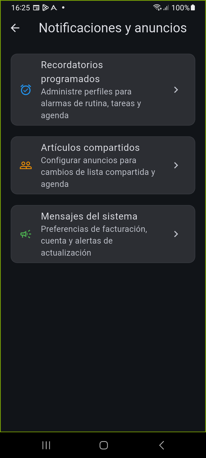Centro de ajustes de Notificaciones y Anuncios organizando Recordatorios Programados, Elementos Compartidos y Mensajes del Sistema