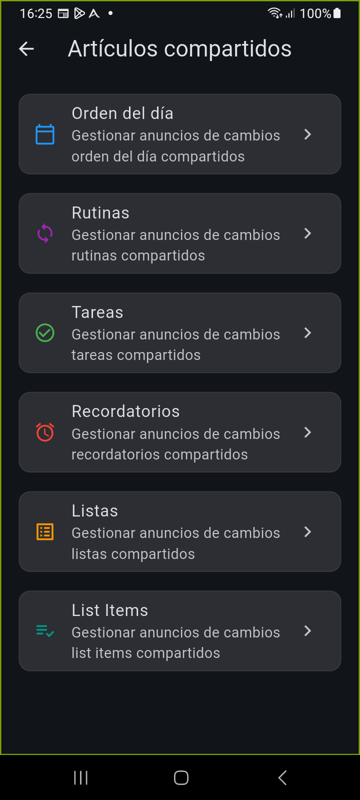 Pantalla de Elementos Compartidos listando todas las categorías de entidades compartidas configurables