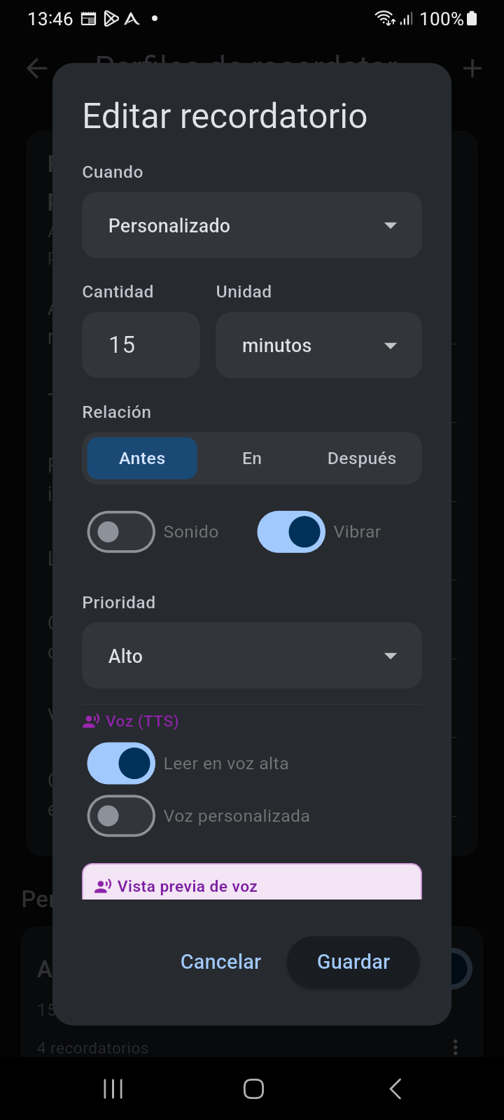 Cuadro de diálogo de intervalo Editar Recordatorio de Ancora que muestra cuándo, relación, sonido, vibración, prioridad y ajustes de voz TTS