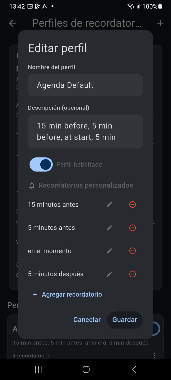 Cuadro de diálogo Editar Perfil de Ancora que muestra nombre, descripción, interruptor maestro y recordatorios personalizados encadenados