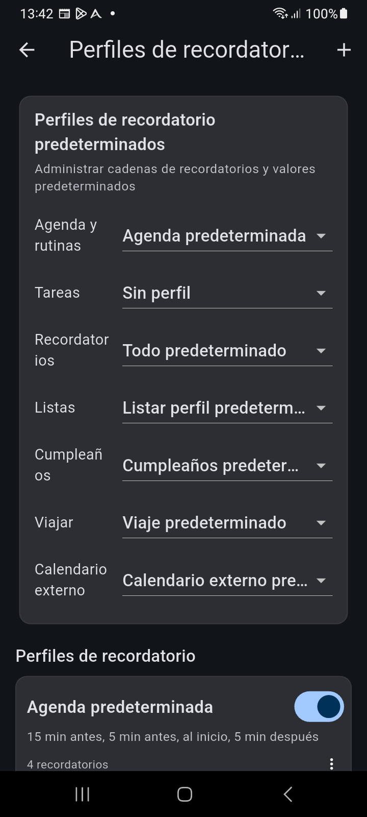 Pantalla de Perfiles de Recordatorios de Ancora que muestra asignaciones de perfiles predeterminados y tarjetas de perfiles personalizados