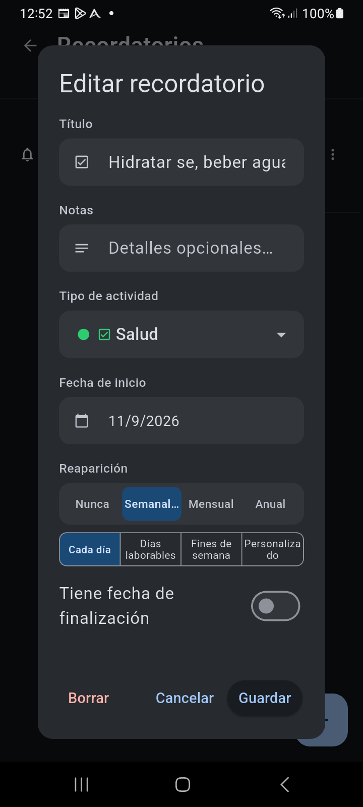 Cuadro de diálogo Editar Recordatorio de Ancora con título, tipo de actividad, reglas de recurrencia y horario