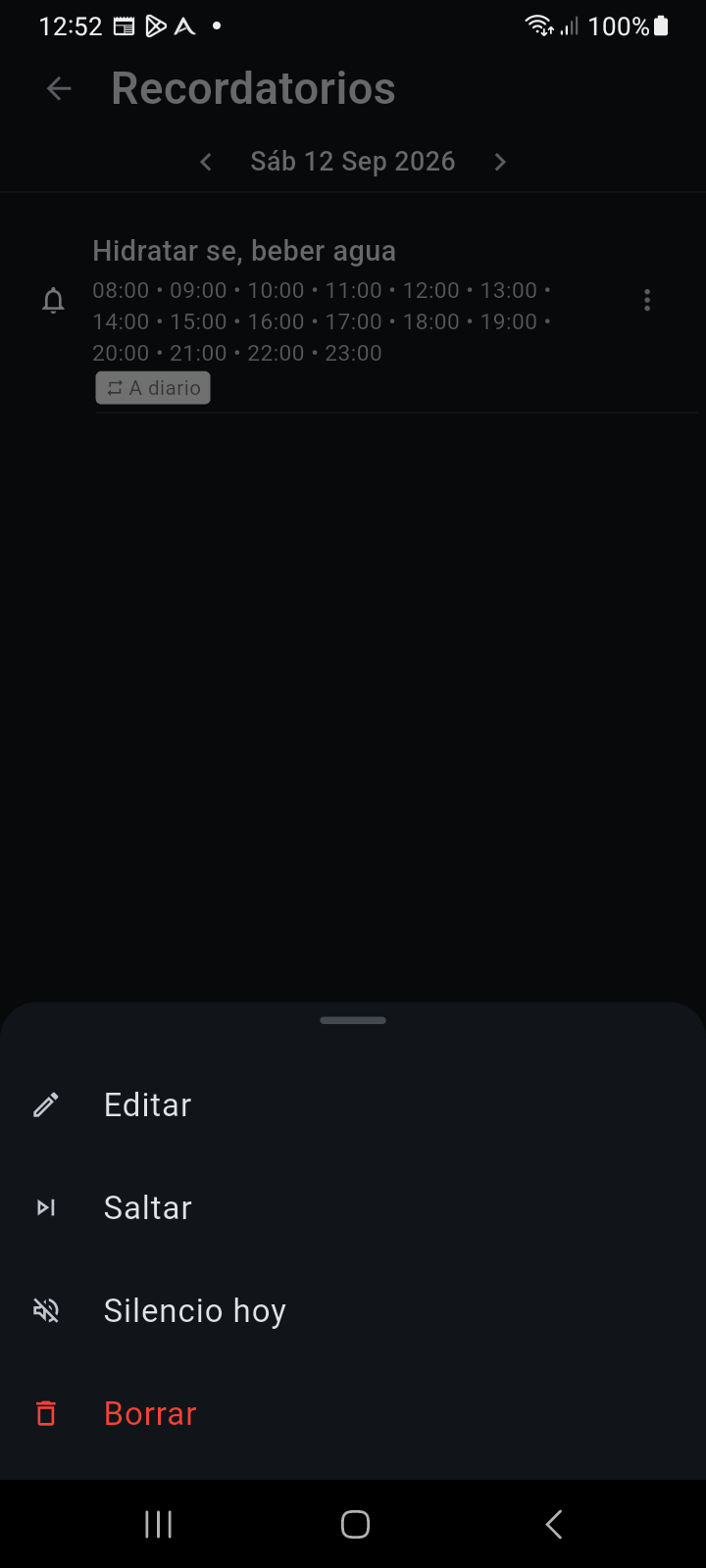 Menú inferior de acciones de Recordatorio de Ancora que muestra las opciones Editar, Omitir, Silenciar hoy y Eliminar