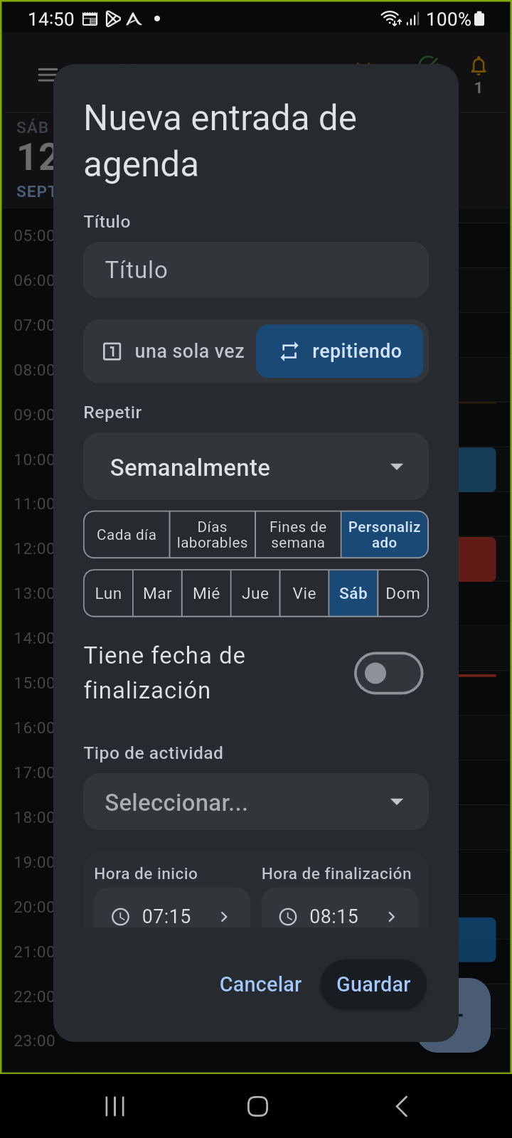 Cuadro de diálogo Nueva Entrada en Agenda de Ancora con Repetitivo seleccionado, frecuencia de recurrencia y etiquetas de días de la semana
