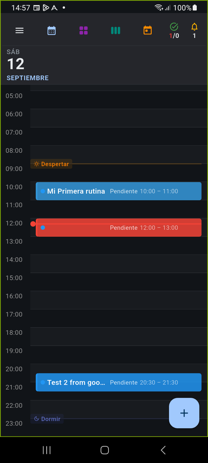 Calendario de Vista Diaria de Ancora que muestra bloques de rutina programados integrados perfectamente junto a entradas independientes de la agenda