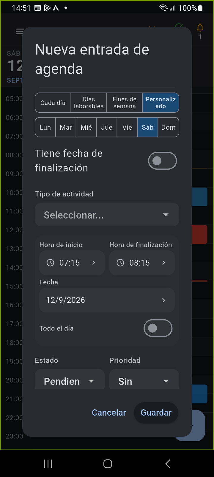 Detalles del bloque de rutina de Ancora que muestran selección de Tipo de Actividad, horas de Inicio y Fin, insignia de color y asignación de Perfil de Recordatorio