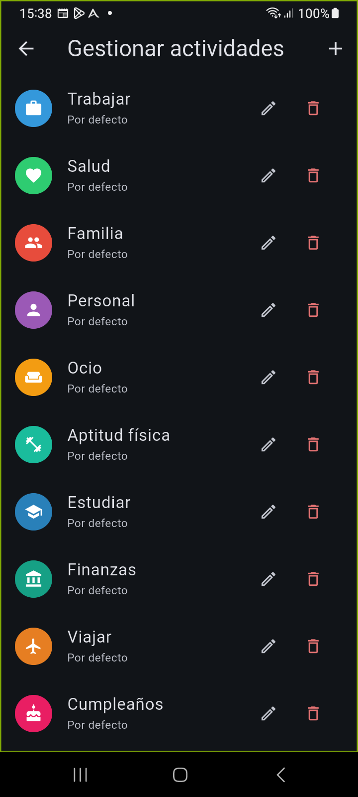 Pantalla Gestionar Actividades de Ancora que muestra categorías personalizables, paletas de colores, iconos y perfiles de recordatorios vinculados