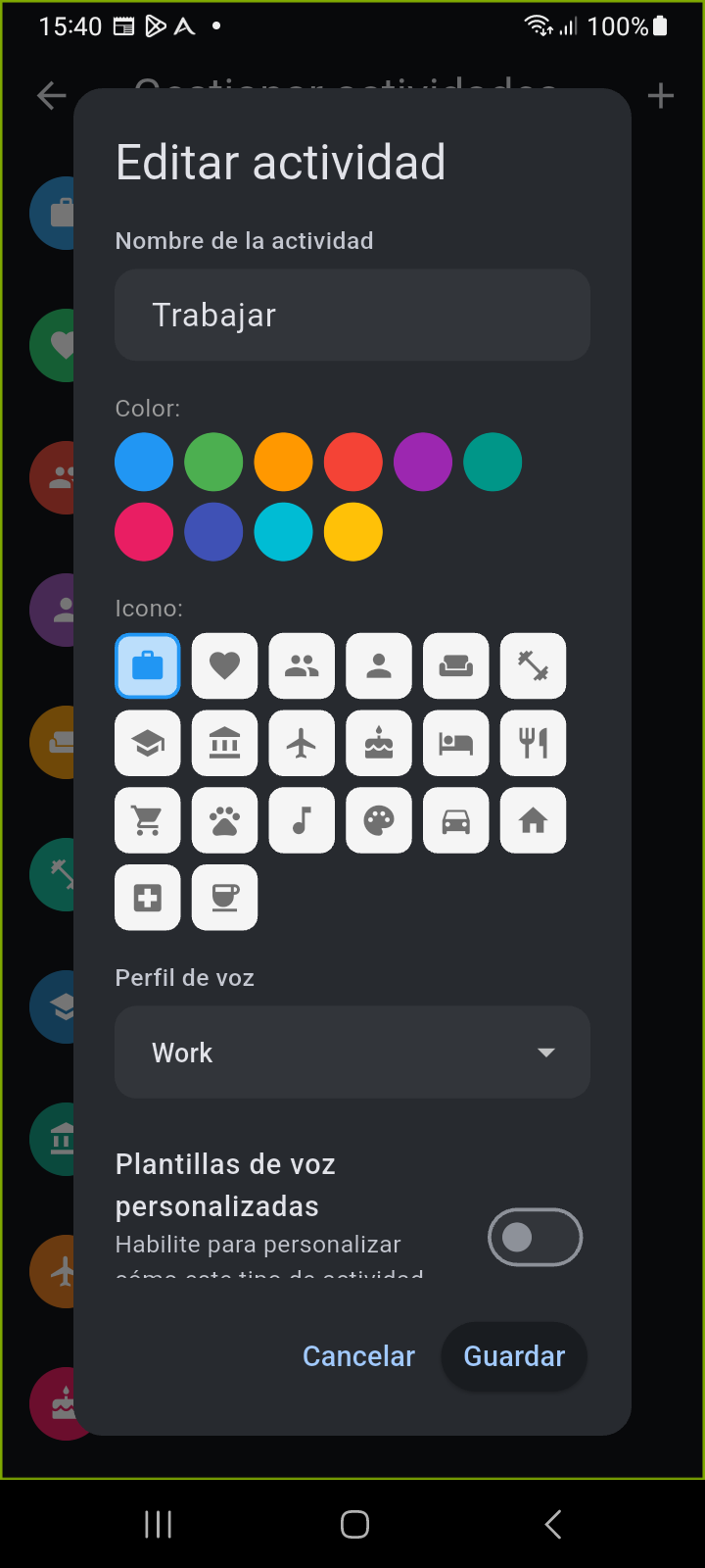 Cuadro de diálogo Editar Actividad de Ancora que muestra nombre de actividad personalizado, 20 iconos seleccionados, selector de colores y plantillas de locución predeterminadas