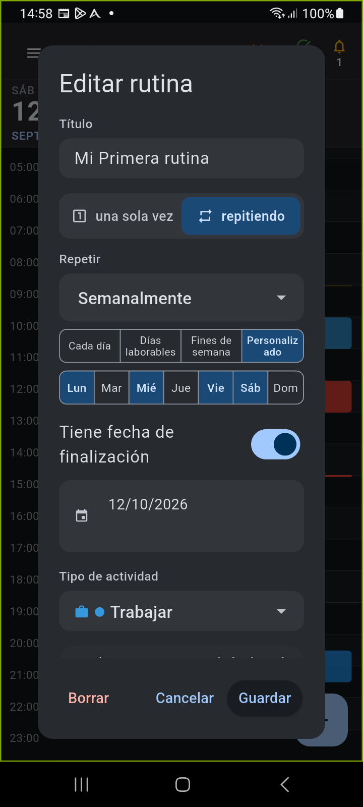 Cuadro de diálogo Editar Rutina de Ancora que muestra reglas de recurrencia activas, horas programadas, categoría de actividad y botones de acción