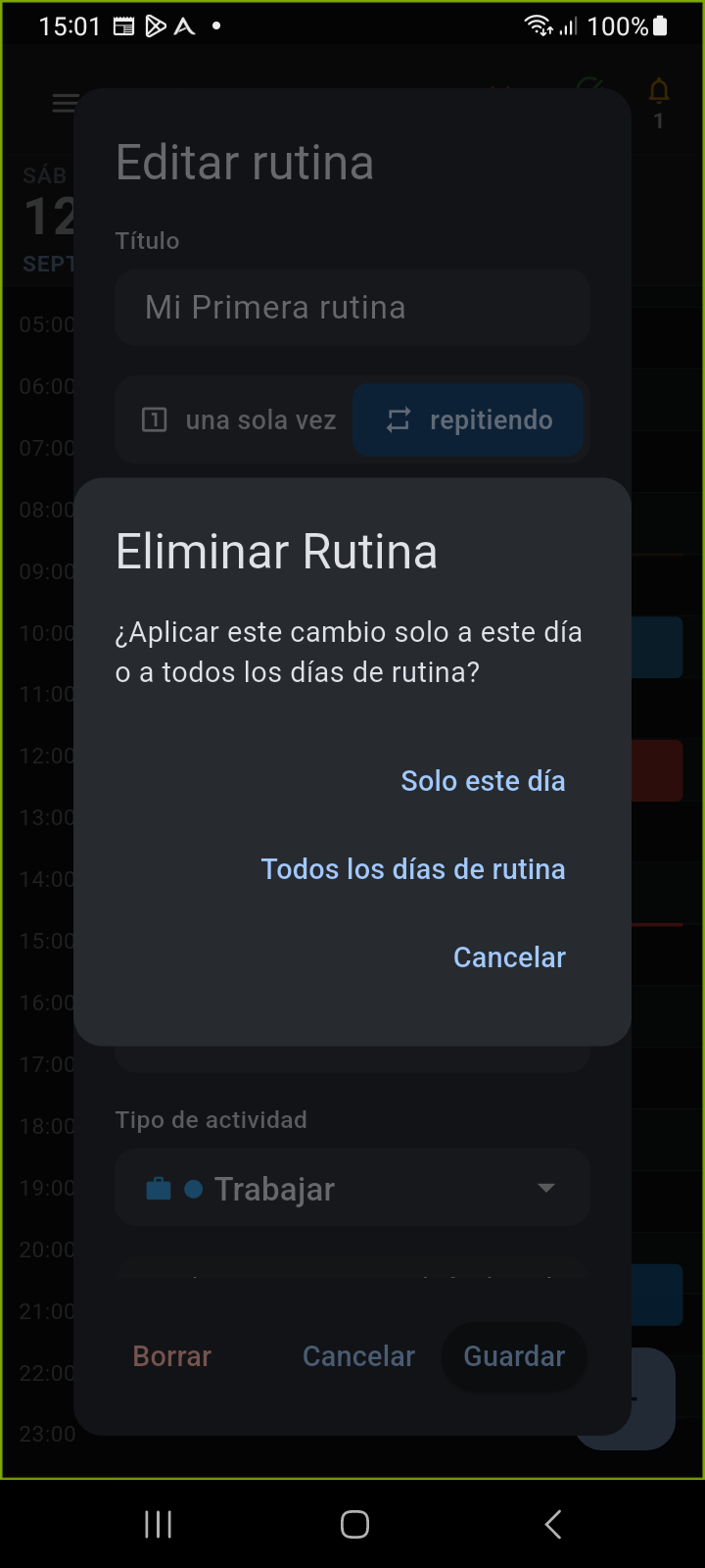 Aviso de selección de alcance de Ancora que pregunta si los cambios se aplican a Solo este día o Todos los días de rutina