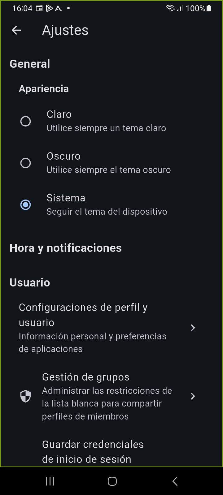 Pantalla principal de Configuración que muestra selectores de modo de tema y tarjetas de administración de usuarios