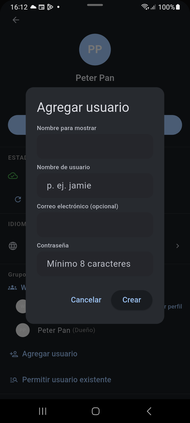 Cuadro de diálogo modal Agregar Usuario para aprovisionar a un miembro dependiente del hogar