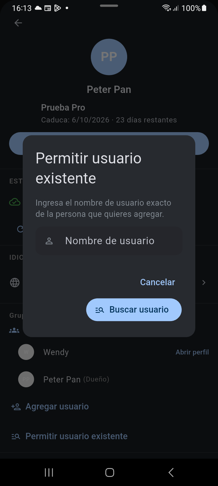Cuadro de diálogo modal Permitir Usuario Existente para invitar a usuarios registrados por su nombre de usuario exacto