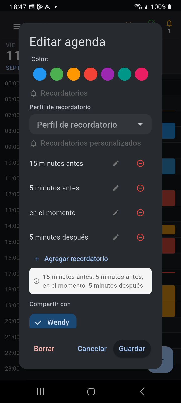 Cuadro de diálogo Editar Agenda mostrando la sección Compartir con el chip de Wendy seleccionado