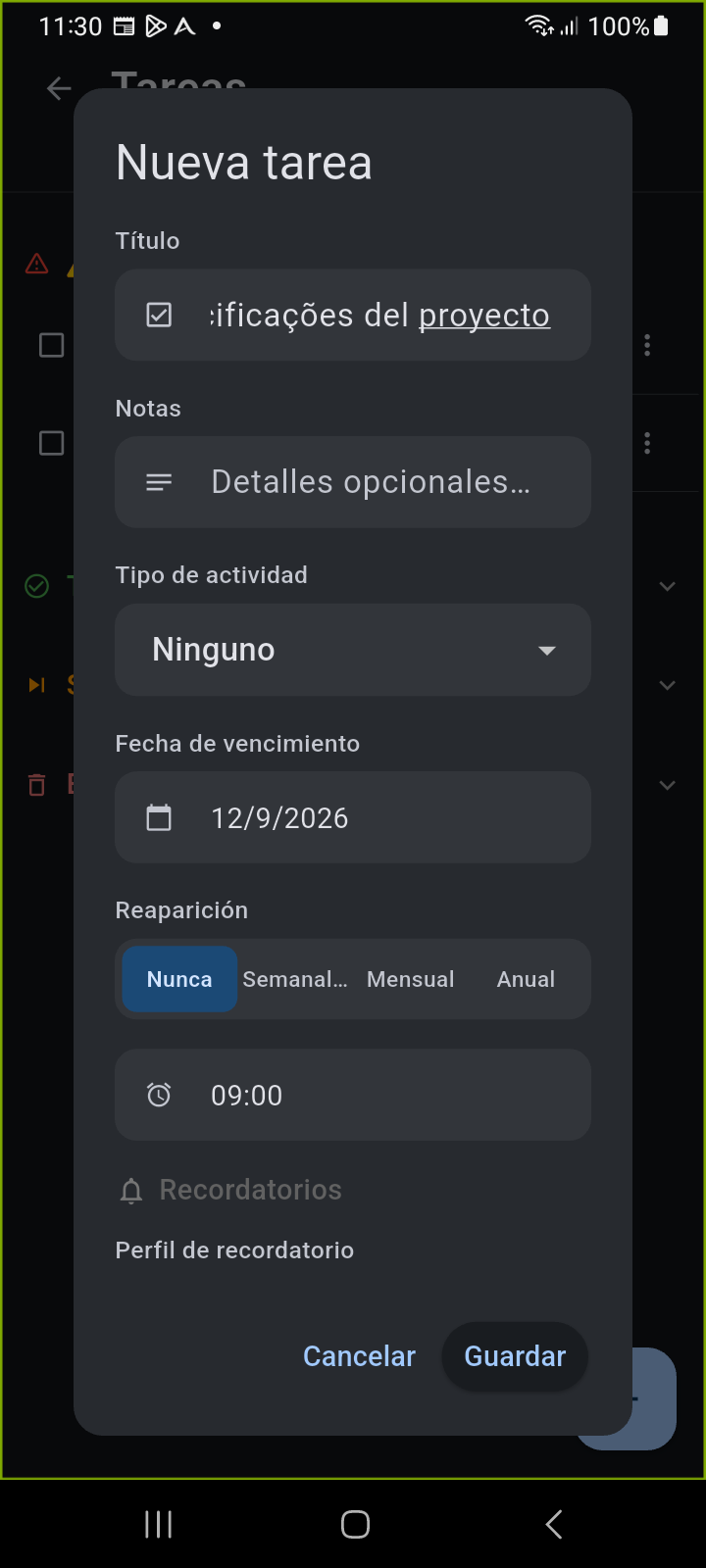 Diálogo de Creación de Nueva Tarea en Ancora