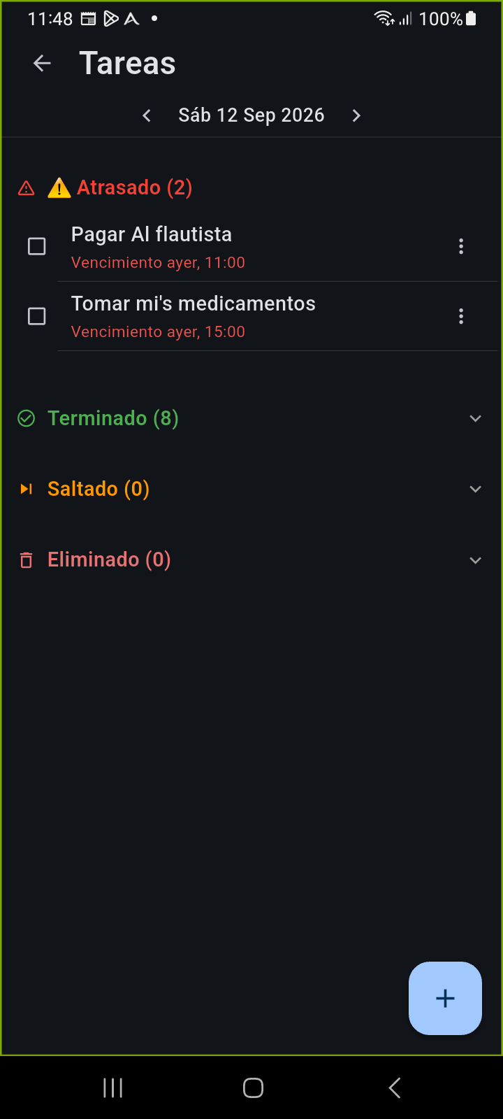 Pantalla del Administrador de Tareas de Ancora mostrando tareas atrasadas y selector de días