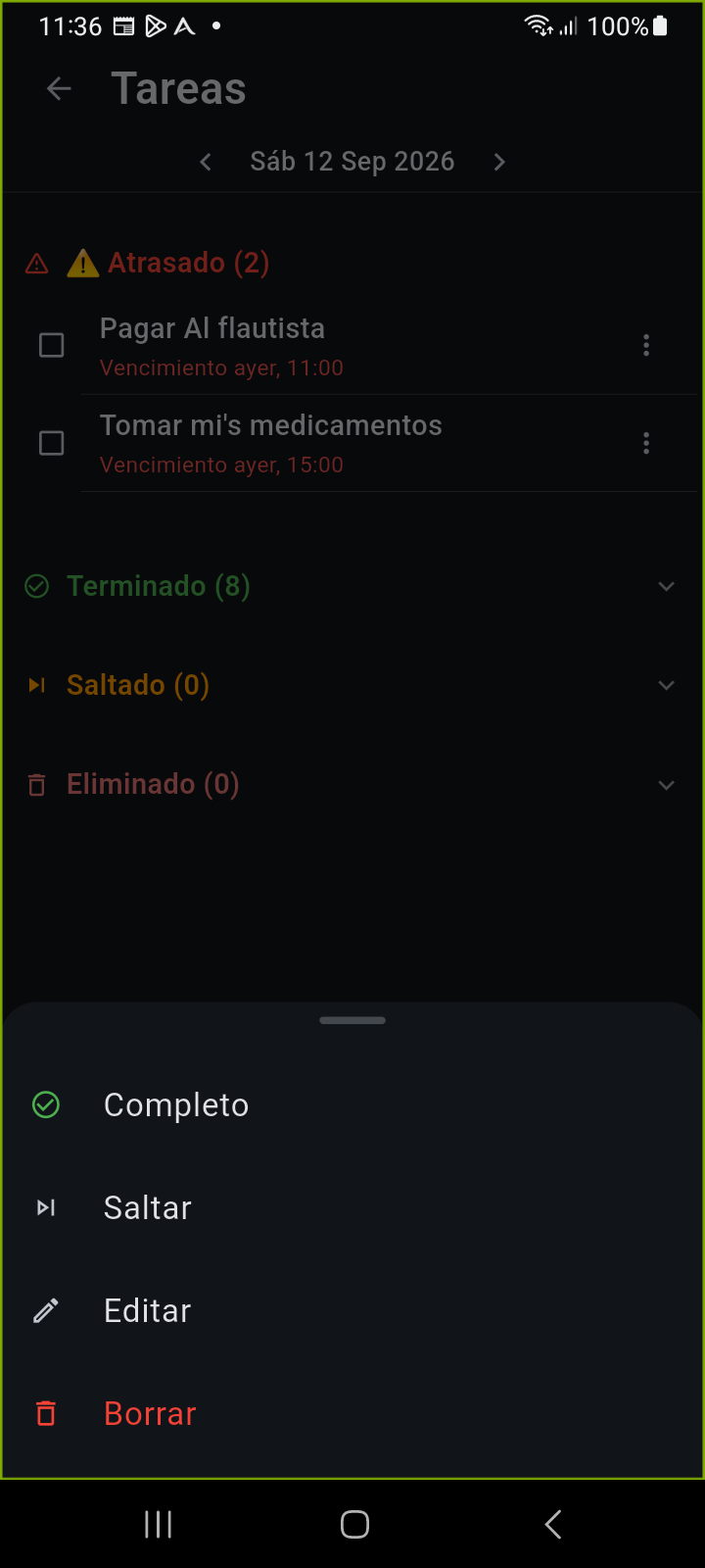 Panel de Opciones de Acción de Tareas en Ancora mostrando acciones de Completar, Omitir, Editar y Eliminar