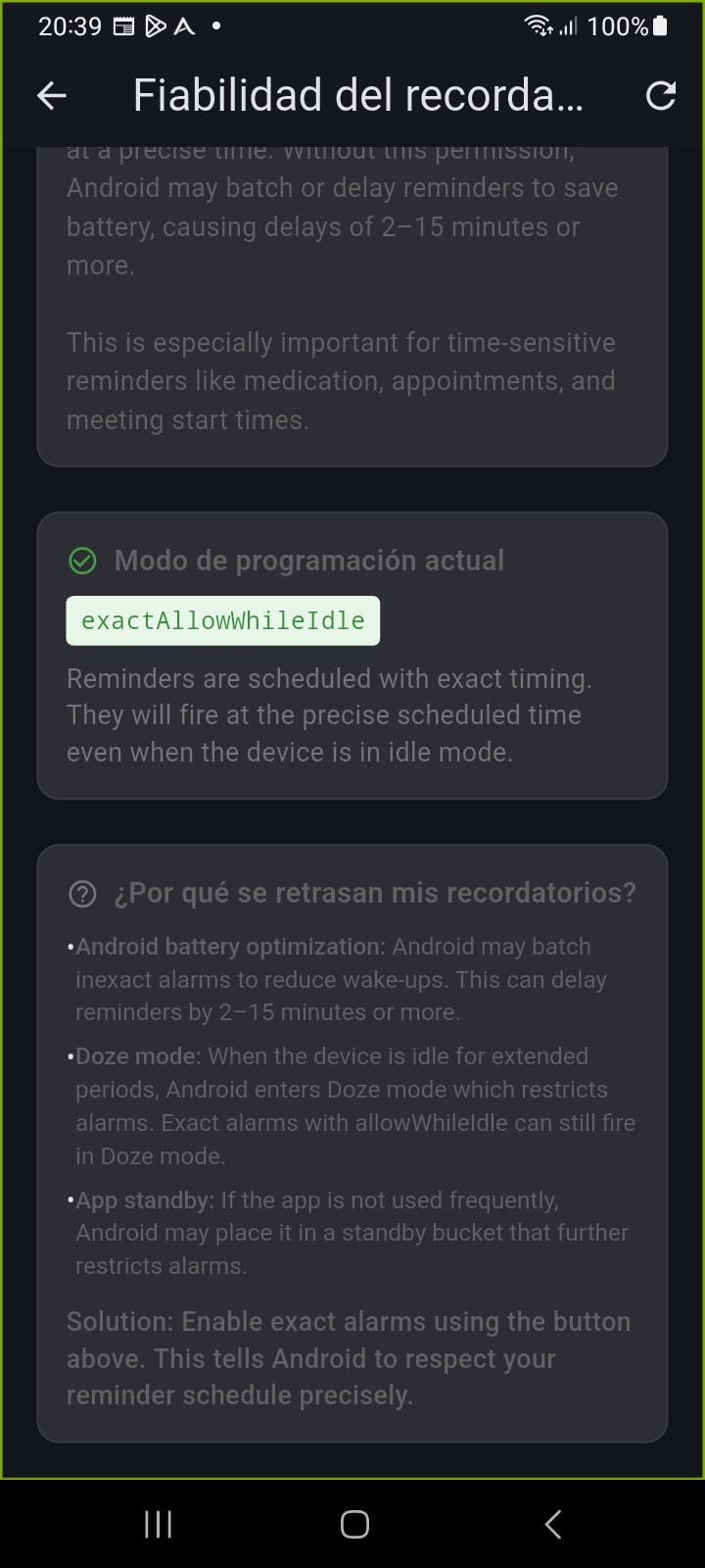 Tarjeta de diagnóstico de Fiabilidad de recordatorios que explica la optimización de batería, el modo Doze y los grupos de espera de aplicaciones