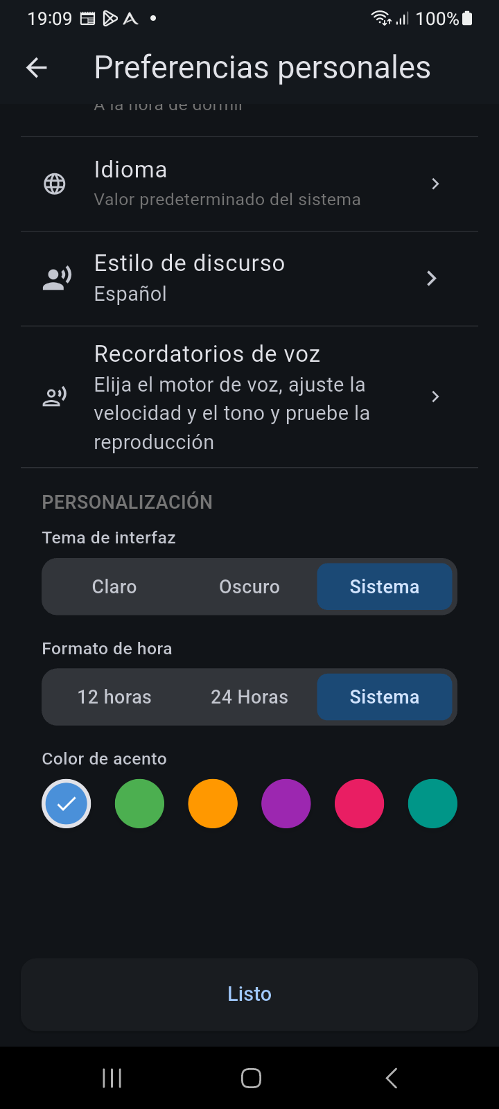 Pantalla de Preferencias Personales destacando las entradas de configuración de Estilo de Voz y Recordatorios de Voz
