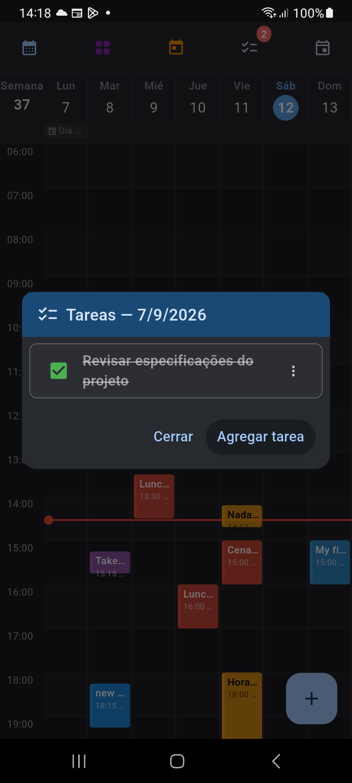 Diálogo Tareas abierto desde el botón de lista de tareas de la Vista Semanal