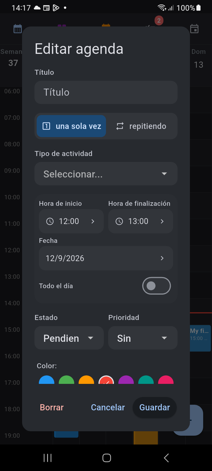 Diálogo Editar Agenda abierto desde la Vista Semanal