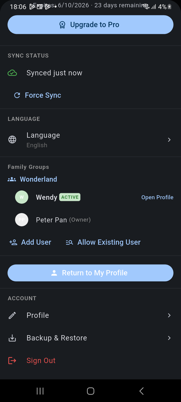 Account Panel showing the Return to My Profile action button for one-tap restoration