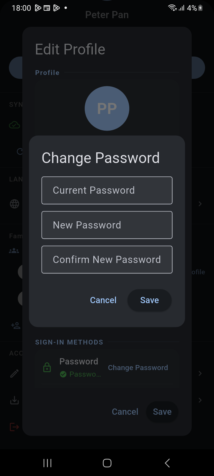 Finestra modale Cambia password che richiede Password attuale, Nuova password e Conferma nuova password