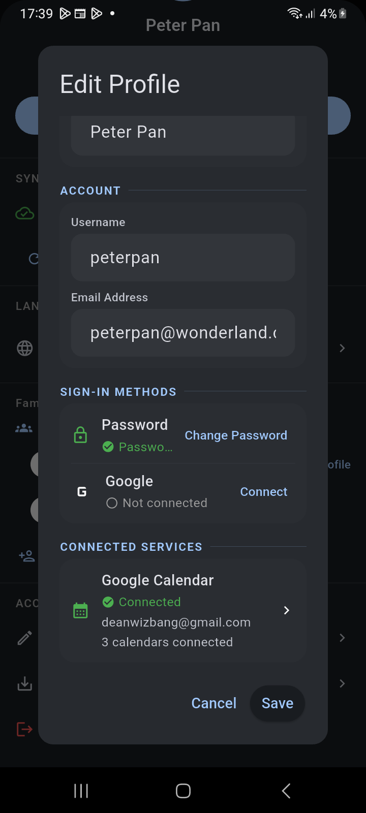 Finestra di dialogo Modifica profilo scorsa verso il basso che mostra lo stato di connessione dell'identità Google e il riquadro Servizi connessi