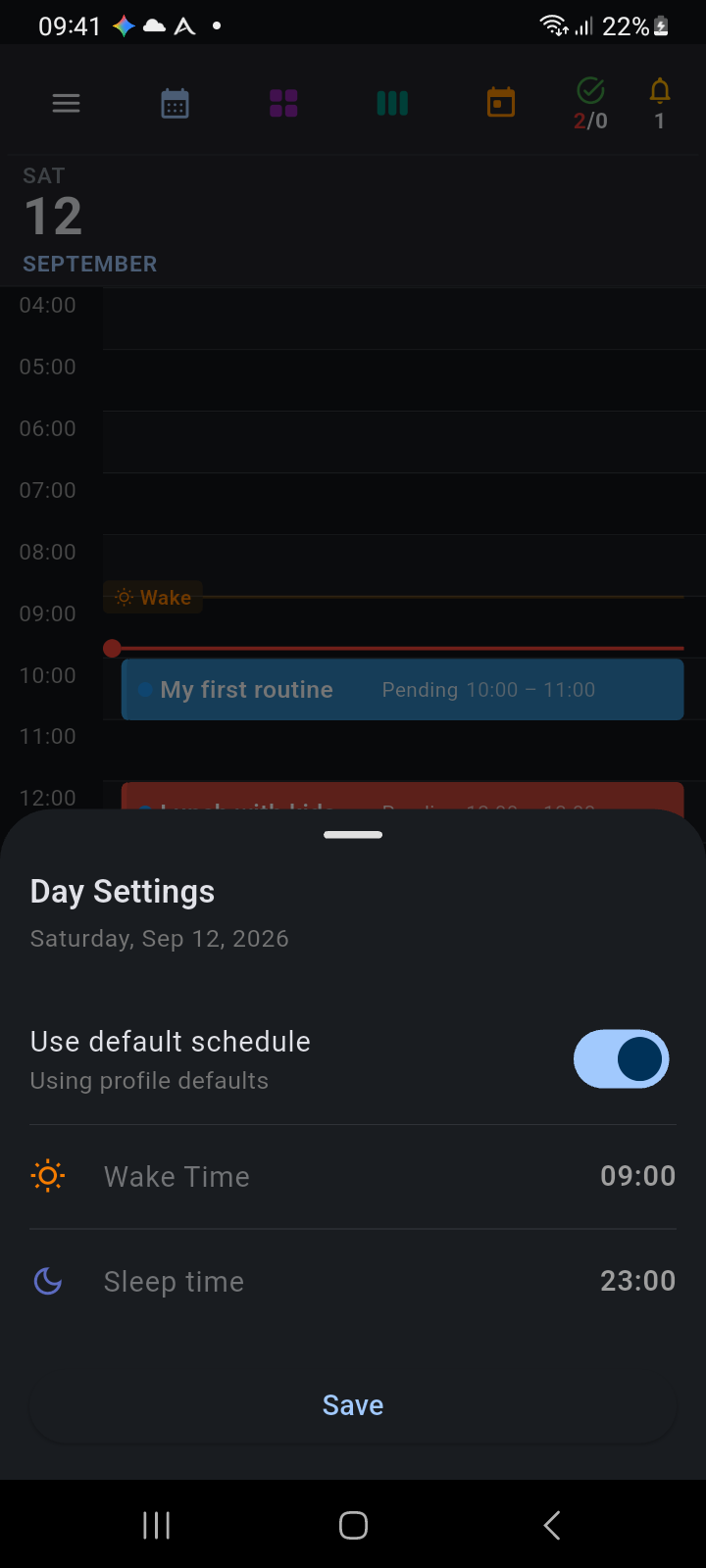 Day Settings bottom sheet showing custom wake and sleep time controls