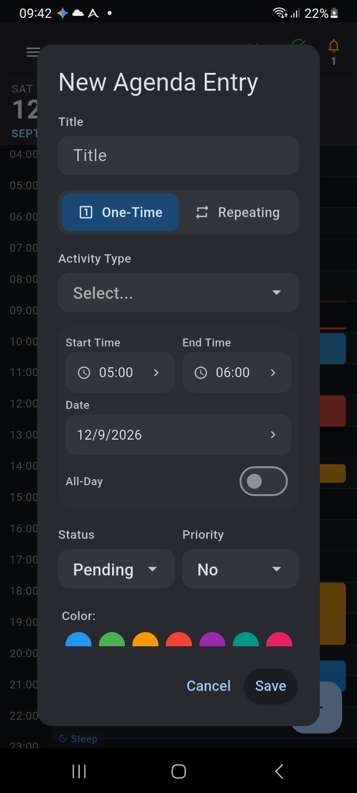 New Agenda Entry dialog opened from the timeline