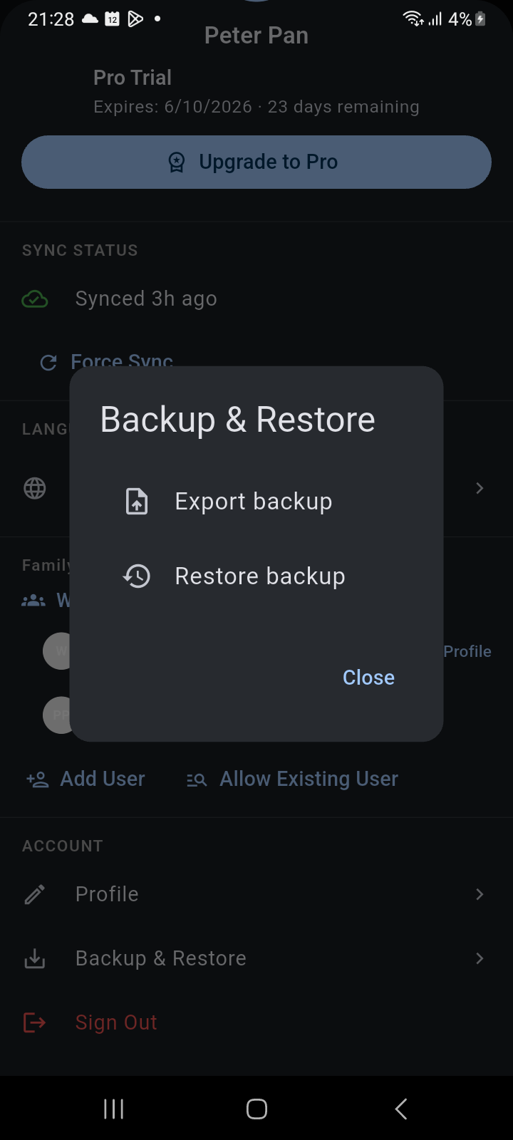 Backup & Restore dialog showing export and restore options