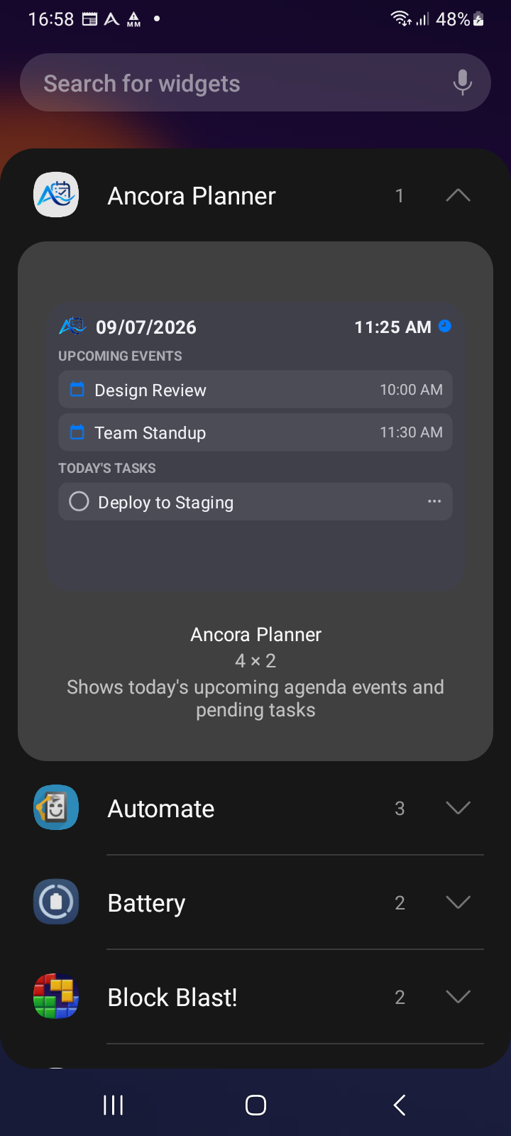 Widget picker — Locating and adding the Ancora Planner 4x2 widget